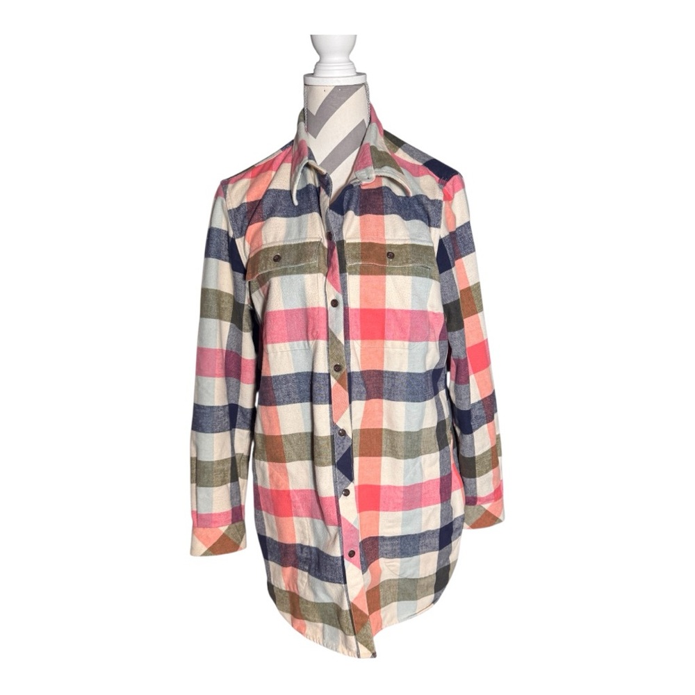 L.L. Bean Pink Blue Olive Plaid Button-Up Tunic